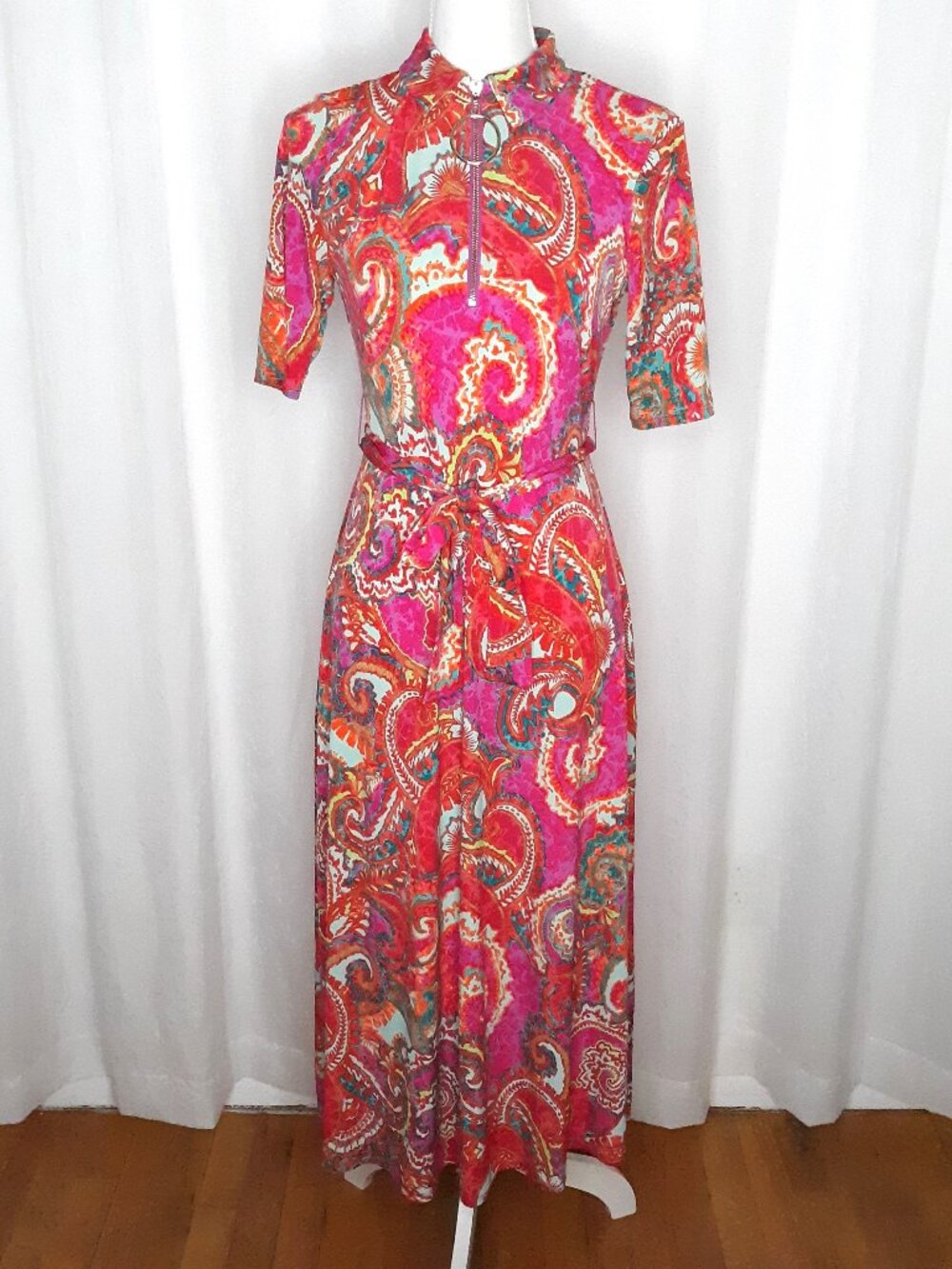 MSK Women's Short Sleeve Paisley Print Tie Waist Fit Flare Maxi Dress
